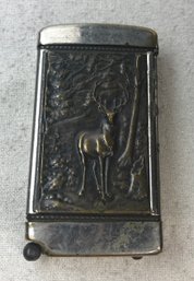 Antique Silver Embossed Match Case -stag In The Woods On One Side And Silhouette  With Horseshoe & Clover