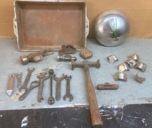 Great Vintage Assortment Featuring V-8 Hub Cap, Antique Level, Ford Wrench, Metal Trunk Corners & More