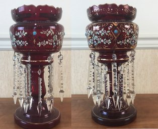 Set Of 2 Beautiful Big Antique Bohemian Handpainted Glass With Hanging Carved Crystals