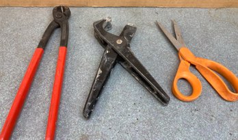 3 Cutters Featuring Pex Tube Cutter, Red Handled Metal Snips & Orange Handled Scissors