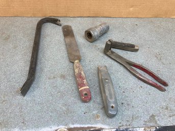 Assortment Of Tools Featuring Pry Bar, Knife, & More In Cardboard Box