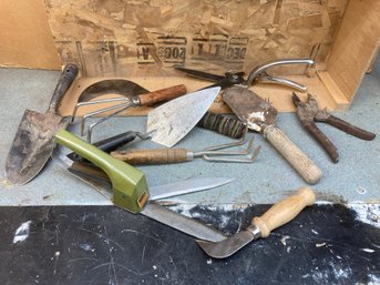Collection Of Gardening Hand Tools In Wooden Box
