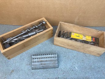 Great Value! Two Wooden Boxes Full Of Assorted Drillbits & Bit Rack (See Photos For Assortment)