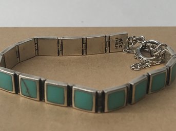 Beautiful Light Blue Square Set Turquoise & Mexican Sterling  Bracelet