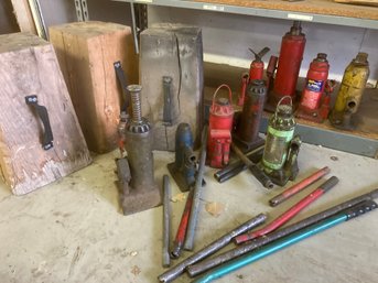 Collection Of Jacks, Some Work, Some Do Not, With Wood Jackstands