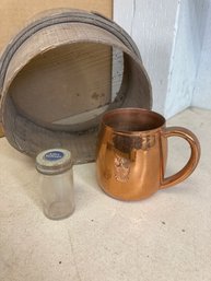Antique Round Wood Screen, Decorative Copper Cup, & Alka Seltzer Bottle