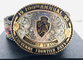 Collectible Commemorative Cheyenne Frontier Days Bronze Belt Buckle With Hand Woven Horsehair Belt Size 34