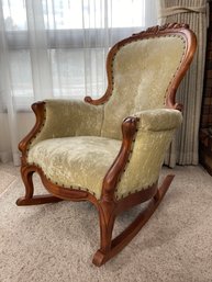 Antique Padded Rocking Chair With Crushed Velvet And Carved Victorian Accents