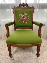 Antique East Lake Hand Made Wooden Chair With Casters & Beautiful Hand Stitched Needlepoint