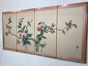 Vintage Asian 4 Panel Silk Screen Folding Screen