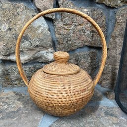 Vintage Hand Woven Basket With Large Handle & Lid