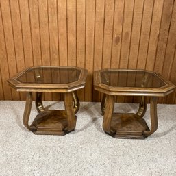 Pair Of Wooden End Tables With Beveled Glass Inserts