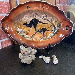 Kangaroo Plate, Koala Figurine & 2 Ceramic Worms