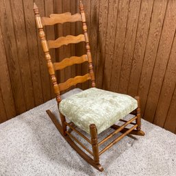 Antique Ladderback Rocker Chair With Crocheted Blanket & To Throw Pillows