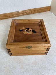 Small Square Hinged Lid Wooden Box With Puppy Face In Lea