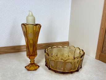 Vintage Decorative Yellow Glass Bowl & Candle Holder