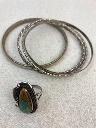 Set Of Sterling Silver Bangle & Turquoise Ring With Leave Detail
