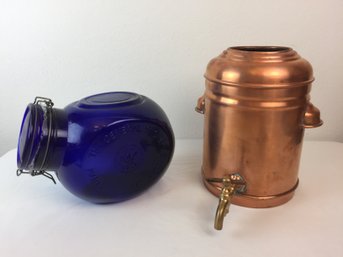 Large Embossed Blue Jar With The General Store, Maryville, 1882 KS & Copper Pot With Spigot ( Decorative)