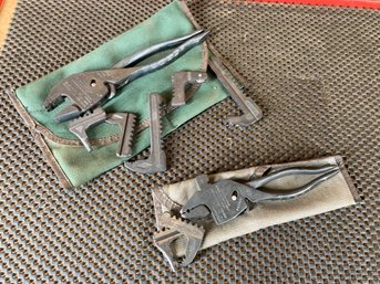 2 Pairs Of Vintage Eifel Geared Plierench Tool Kits With Attachments & Bags Wrench Pliers