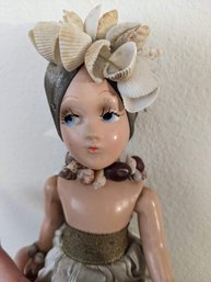 Antique Doll With Wired Joints & Shell Headwrap- See Photos For Condition