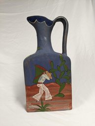 Tall Vintage Mexican Hand Painted Ceramic Pitcher