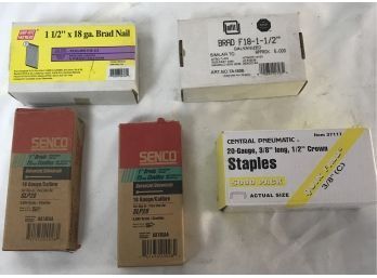 Five Boxes Of Assorted Brads And Staples (see Photos For Size And Type)