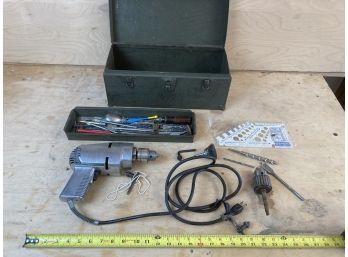 Vintage Kmart Brand 1/2 HP. Power Drill In Green Metal Case, With Wide Assortment Of Drillbits