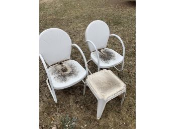 Two Vintage White Metal Yard Chairs And A Vinyl Rectangular Side Table