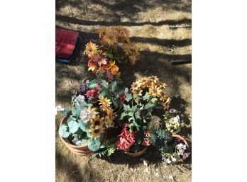 Big Assortment Of Fall Flowers In Orange Flower Pots And Watering Can Flower Pot