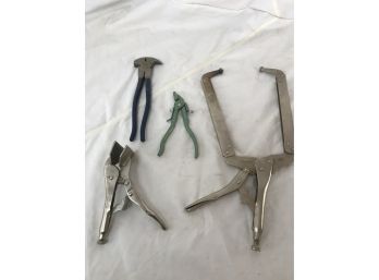 Assortment Of Vice Clamps, Nail Puller Pliers, And More
