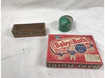 Cute Antique Collectible Packaging Featuring Original Baby Ruth Candy Bar Box, Borden Cheese Wooden Box & More