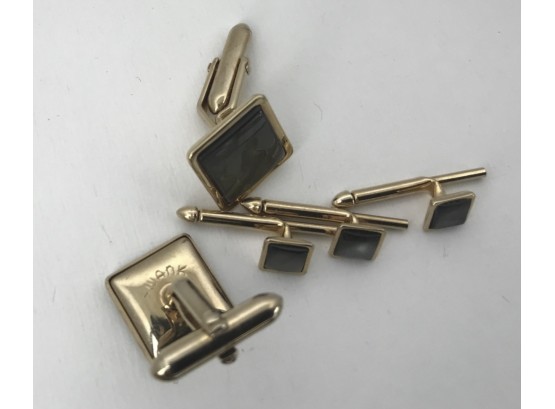 Gold And Black Mother Of Pearl Cufflinks And Tie Bar