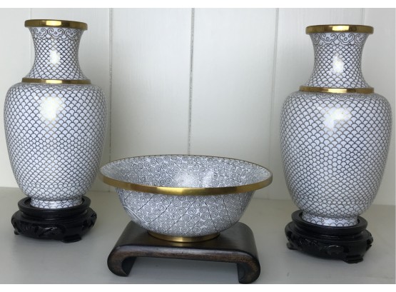 Chinese Vases And Bowl White Scales Design Cloisonne Enamelware