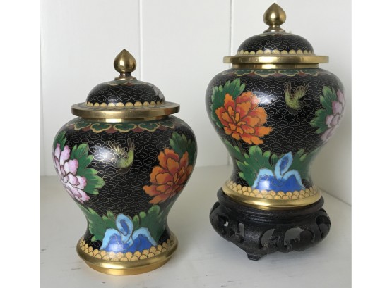 Beautiful, Petite, Intricate Floral And Bird Enamel Cloisonne Vessels With Lids