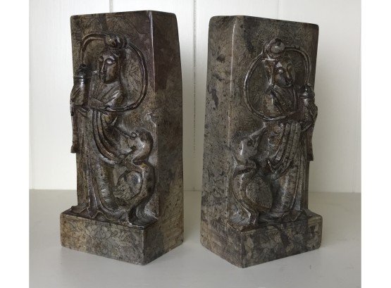 Beautifully Carved Stone Asian Scene Book Ends