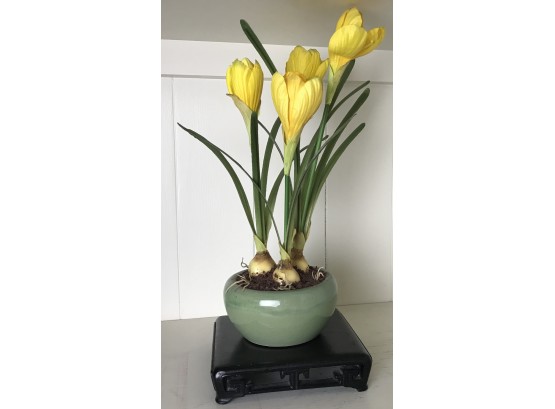 Yellow Silk Flowers With Bulbs In Pot