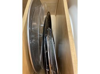 Assortment Of Round Baking Pans & Stainless Steel Racks With Clear Plastic Divided Serving Tray