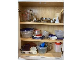 Cupboard Full Of Assorted Kitchen Containers Featuring Two Pyrex Measuring Cups & Wooden Mortise & Pestle