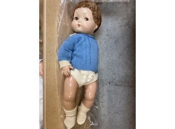 Cute Vintage Baby Doll With Brown Hair & Blue Sweater 20' Tall