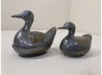 Pair Of Ornate Decorated Duck Containers With Metal Inlay