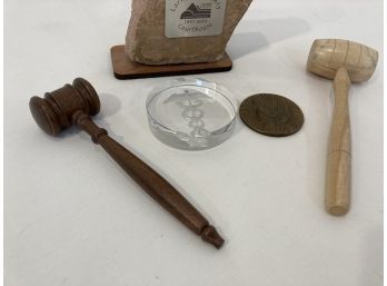 2 Gavels, Clear Medical Puck, Larimer County Court House Commemorative Stone & Vintage American Legion Award