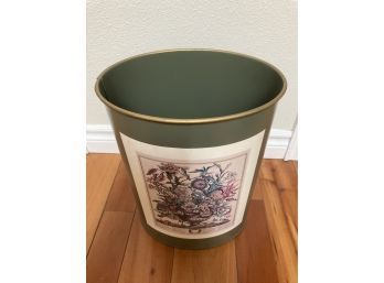 Green Metal Waste Basket With Vintage Floral Image