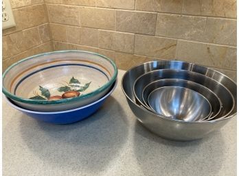 Nesting Stainless Steel Bowls & 2 Large Ceramic Bowls