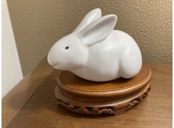 Elegant White Rabbit Figurine On A Carved Wood Platform