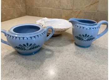 Ceramic Sugar Bowl With Handles & Matching Creamer With Handle With Scallop Serving Dishes