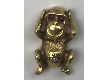 18k Gold Monkey Pin With Jewel In The Belly Button And Red Jewel Eyes (hear No Evil)