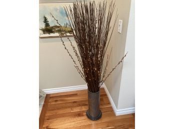 Tall  Pussy Willow Display In Metal Vessel With Asian Motif