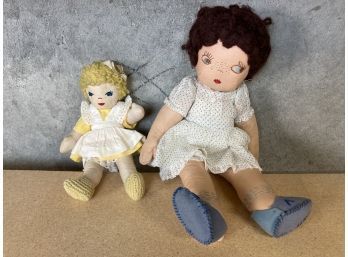2 Vintage Cloth Dolls With  Hand-sewn Features, Very Cute