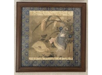 Beautiful Asian Print Of Quails Matted With Blue Silk Fabric