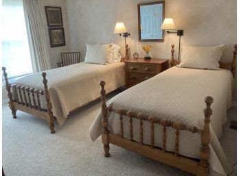 Set Of Beautiful Warm Wood Tone Turned Spindle Bedframes - With Matlasse Bedding